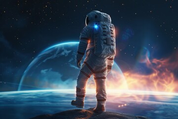 Fototapeta premium An astronaut stands on a distant planet, gazing at Earth amid a cosmic backdrop of stars and swirling colors.