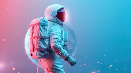 An astronaut in a futuristic suit explores a surreal, colorful space environment filled with soft glowing particles.