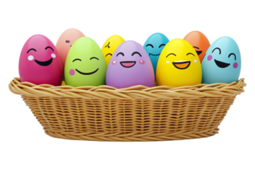 A basket filled with colorful face-painted Easter eggs, isolated on a transparent background, perfect for Easter, holiday celebrations, or festive-themed designs.