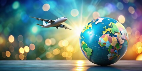 Naklejka premium Airplane Travel Logo Featuring Globe and Airplane Around Earth for Adventure and Exploration Themes in a Clean Design with Ample Copy Space for Customization