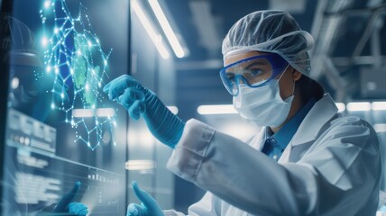 A scientist in a lab coat interacts with a digital interface, showcasing a network of data, symbolizing advanced research and technology.