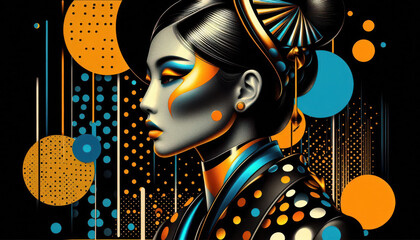 Naklejka premium Japanese geisha woman portrait in modern kimono fashion style