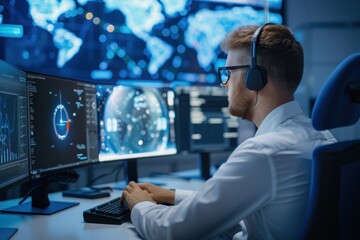 A focused professional analyzes data on multiple screens in a high-tech environment, showcasing advanced technology and global connectivity.
