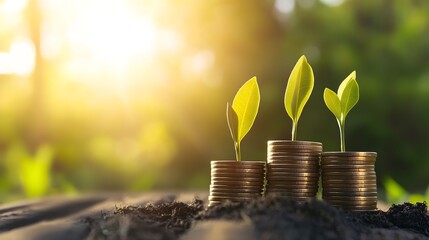 Growing Seedlings on Coin Stacks Symbolizing Financial Growth : Generative AI