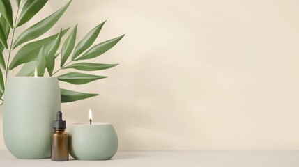 Fototapeta premium A serene lifestyle scene featuring candles and essential oil on a neutral background with green leaves for relaxation.