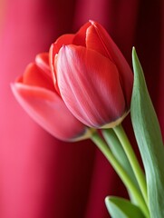 Naklejka premium CloseUp of Vibrant Red Tulips Against Soft Red Background : Generative AI