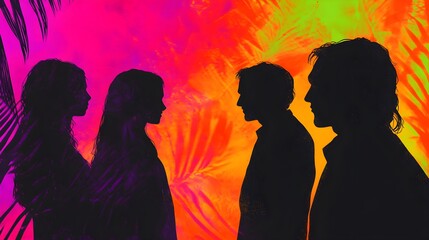Silhouetted conversations among friends vibrant background portrait urban side view connection