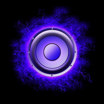 Audio speaker with bright violet cracks on a black background. Copy space. Device for playing music. Musical