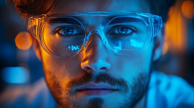 Young Man Wearing Safety Glasses Illuminated By Neon Lights
