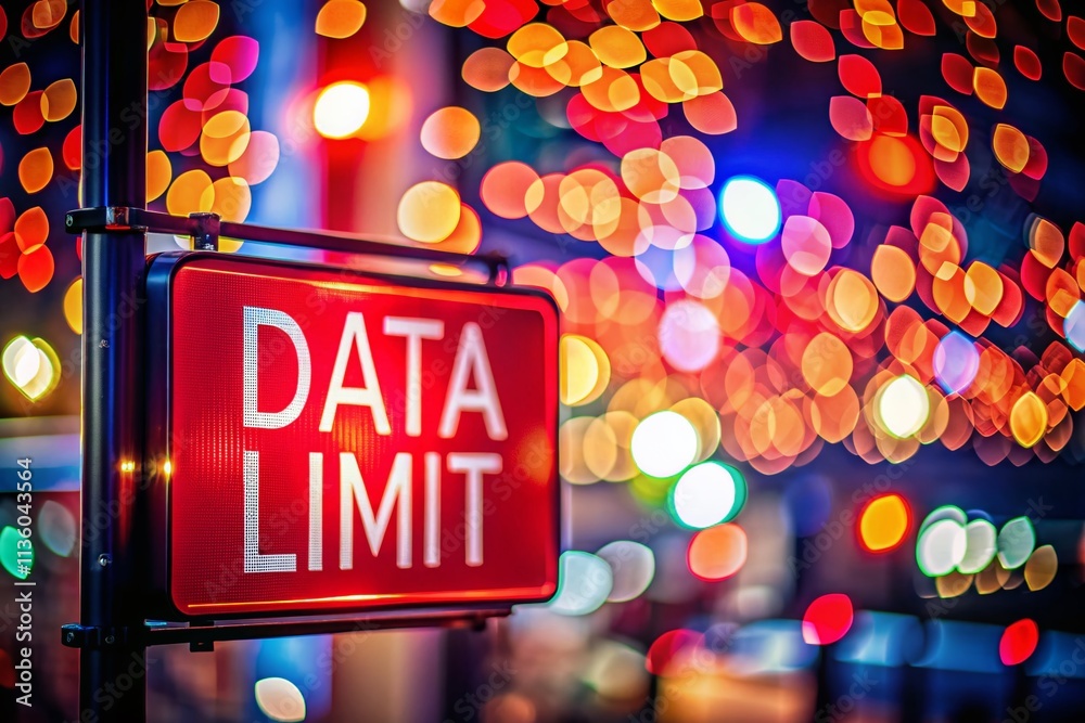 Poster animated red signboard indicating data limit with bokeh effect, emphasizing digital connectivity and