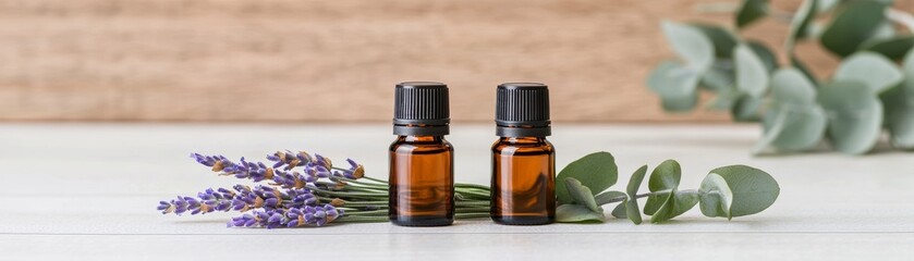 Two amber glass bottles of essential oils with lavender flowers and eucalyptus leaves on a wooden background.