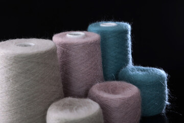 Fluffy yarn for knitting. Multicolored wool yarn. Yarn for knitting handmade winter clothes. Lot of tangles.