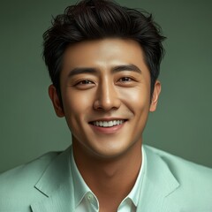 Asian man with a smile on his face is wearing a suit and a shirt in studio color background