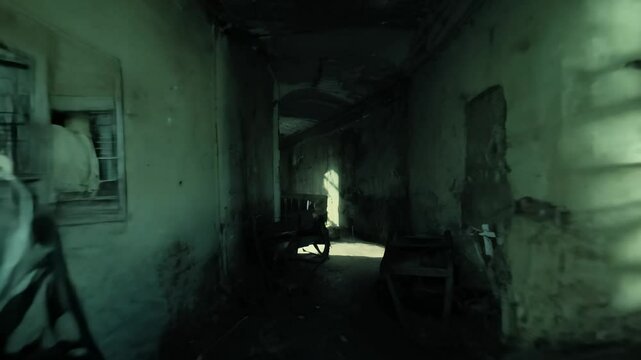 The camera glides smoothly through a narrow, shadow-filled corridor of an old asylum
