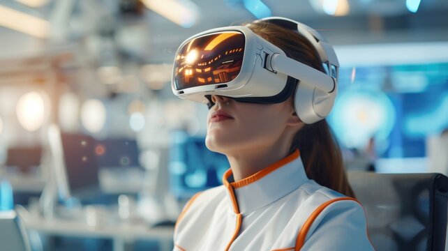 A woman wearing a virtual reality headset experiences an immersive environment, showcasing advanced technology in a futuristic setting.