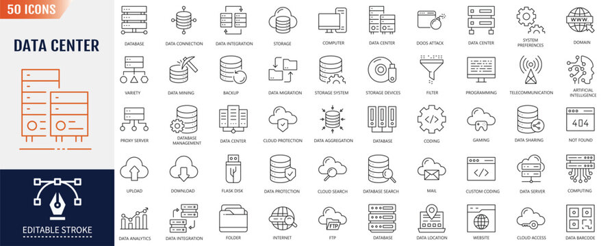 Data Center icon set. Containing icons: Server, hosting, technical support, and more. Vector Illustration