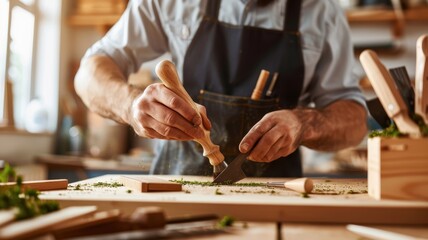 Obraz premium A person skillfully carving wood on a workbench, surrounded by tools and freshly cut materials, showcasing craftsmanship and creativity.