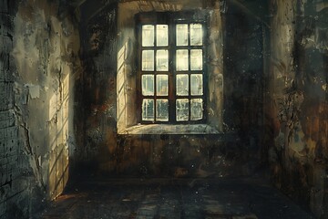 A dimly lit, abandoned room with a large window casting shadows on worn walls.
