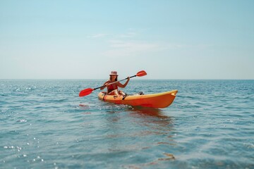 Kayak sea woman. Happy attractive woman with long hair in red swimsuit, swimming on kayak. Summer holiday vacation and travel concept.