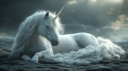 A white unicorn is laying down on the ground