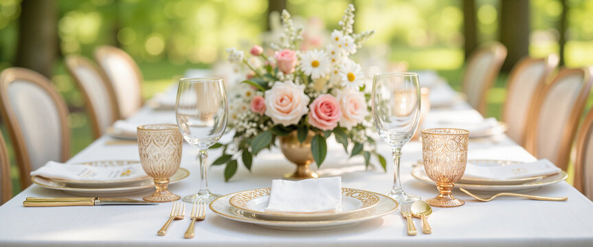 Elegant spring wedding table setting with floral centerpiece in a lush outdoor location