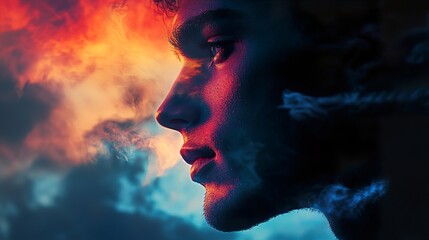 Intriguing Portrait: A Man's Face Emerging from Colorful Smoke