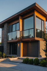 Modern two-story house featuring large windows, wooden accents, and a stone facade, surrounded by landscaped greenery.