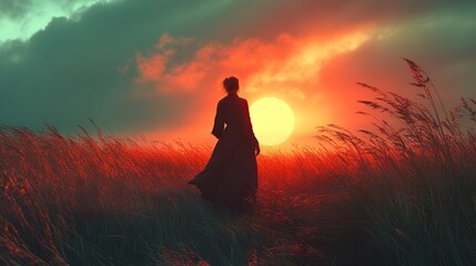 Solitude at Sunset: A Woman in a Field of Red Grass