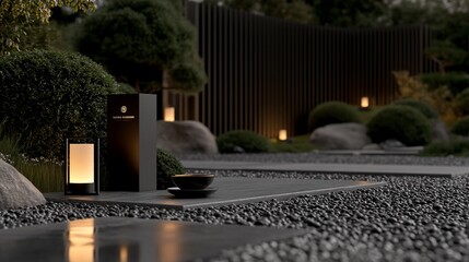 Obraz premium Evening scene with zen garden, lights, stones, and tableware.
