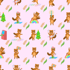 Naklejka premium Seamless Pattern Abstract Flat Cartoon Different Animal Beavers Vector Design Style Elements Fauna Wildlife