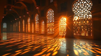 Sunlit Mosque Hall With Intricate Windows
