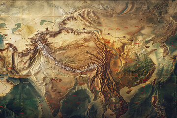 Naklejka premium Detailed Topographic Map of Asian Continent