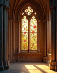 Gothic cathedral with intricate floral carvings and stained- glass windows