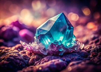 Beautiful Cyan Crystal with Gel Structure Growing from Purple Substrate in Natural Environment, Captured in Vintage Style Photography Focusing on Geology and Minerals