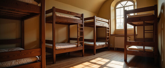 Empty bunk beds in a dormitory room during International Holocaust Remembrance Day