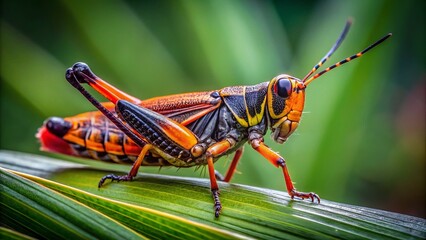 Black and Orange Grasshopper Photography: Rule of Thirds Composition, Macro Insect Image