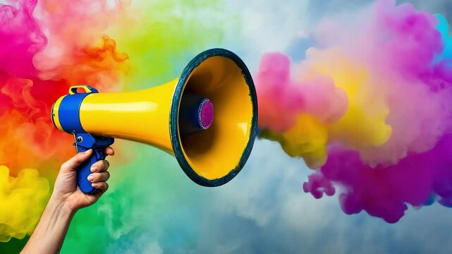 Hand holding a yellow megaphone against a colorful smoke background.