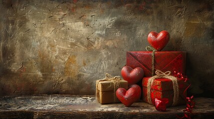 Romantic valentine s day gifts displayed with hearts and ample copy space for love themed visuals