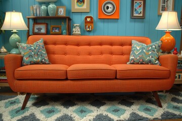 Mid Century Modern Orange Sofa With Teal Accents