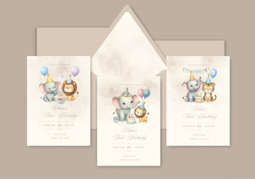 Watercolor Invitation Birthday Template card with animal friends celebrate birthday with cake and gifts.