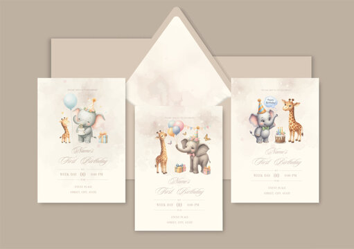 Watercolor Invitation Birthday Template card with animal friends celebrate birthday with cake and gifts.