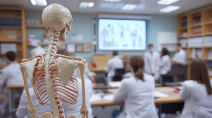 Anatomical models and a skeleton in a medical teaching room, students in white coats listening to a professors lecture