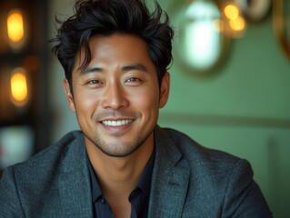 Obraz premium Asian man with a smile on his face is wearing a suit and a shirt in studio office background
