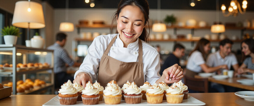 Skilled baker decorates delicious cupcakes in a modern pastry shop during a busy afternoon