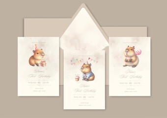 Watercolor Invitation Birthday Template card with animal capybara celebrate birthday with cake and gifts.