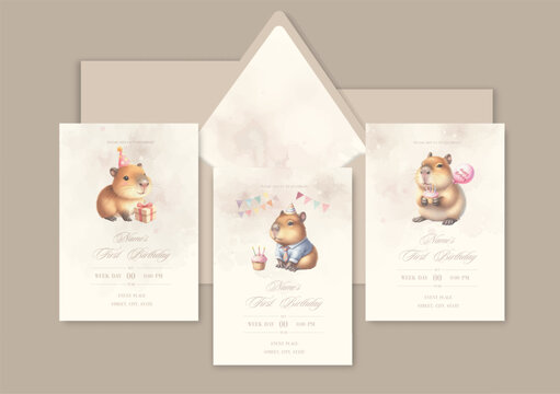 Watercolor Invitation Birthday Template card with animal capybara celebrate birthday with cake and gifts.
