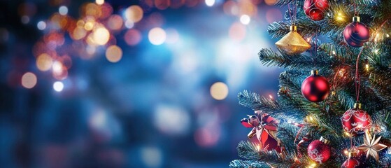 Sparkling Christmas Tree with Red Ornaments and Festive Lights