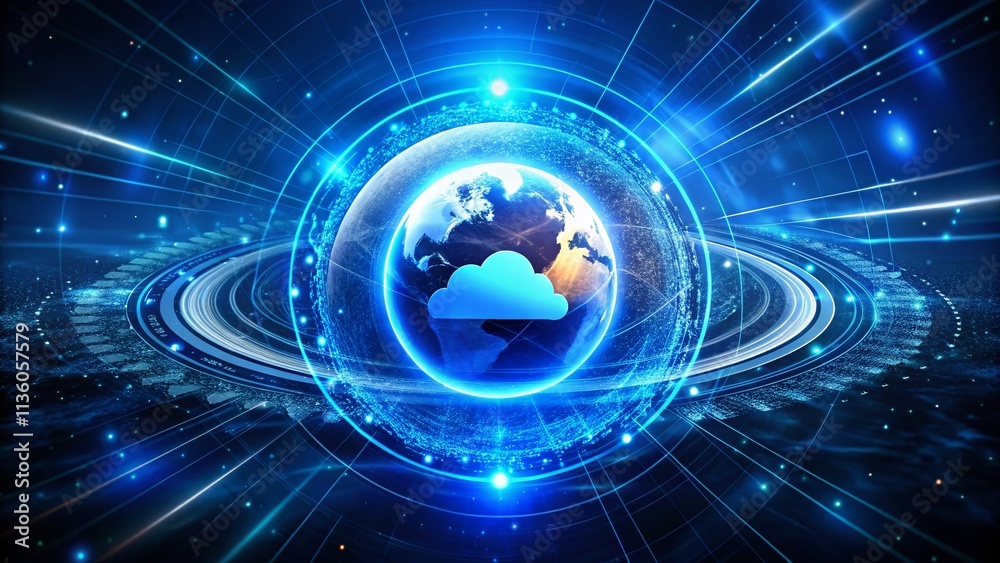 Poster blue digital cloud computing logo with rotating particle ring and earth sphere on a futuristic abstr
