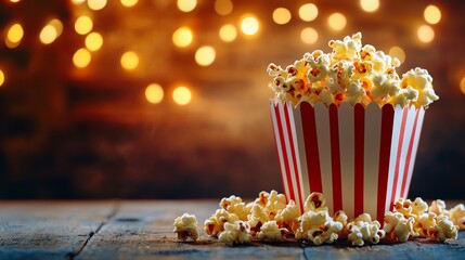 A red and white striped popcorn container full of popcorn.