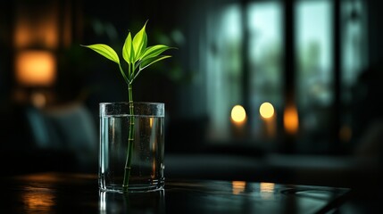 Lucky bamboo stems elegantly arranged in a water-filled glass jar, enhancing the natural decor of a bright, minimalist living room.  